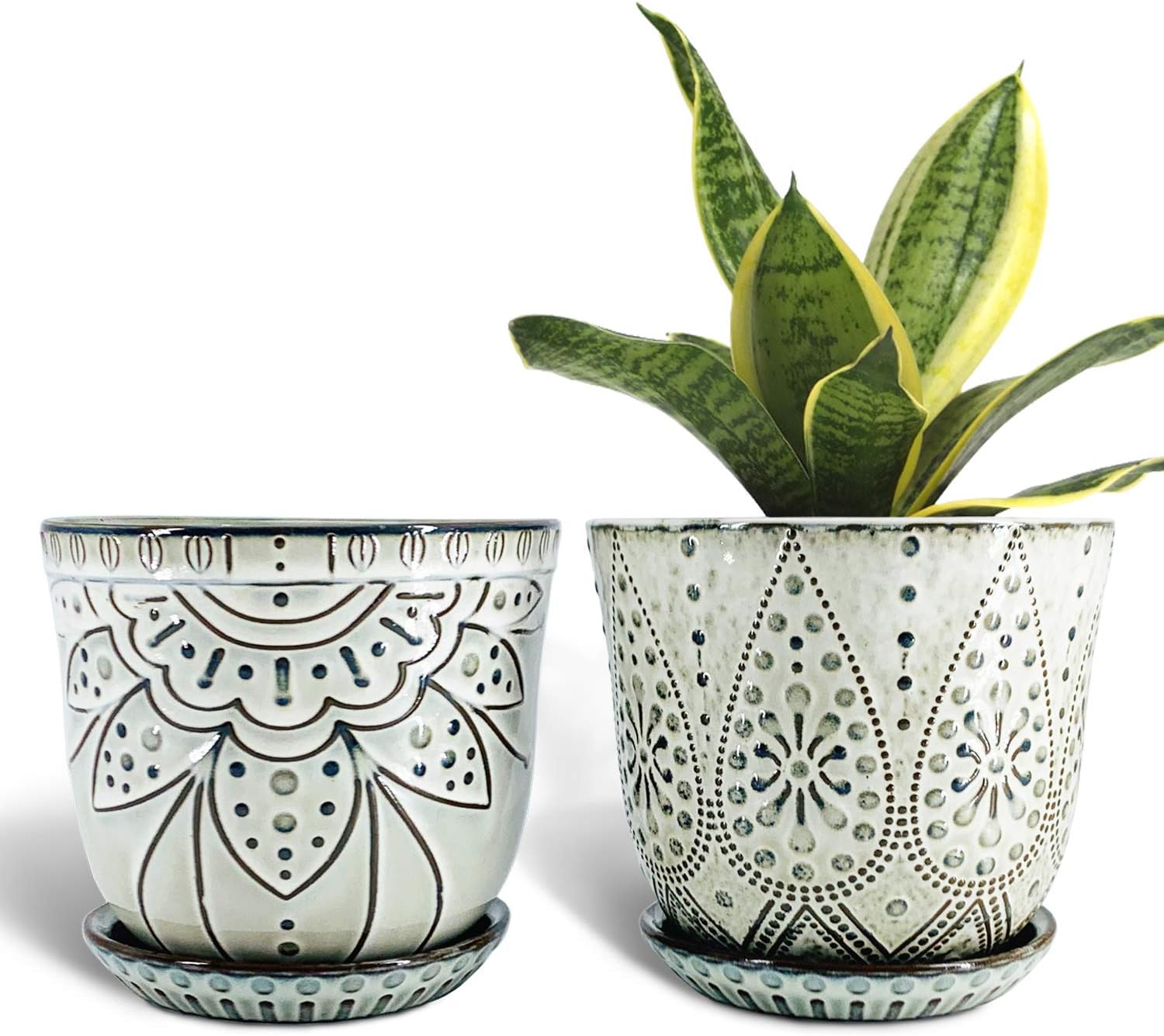 Gepege 6 Inch Beaded Ceramic Planter Set of 2 with Drainage Hole and Saucer for Plants, Indoor-Outdoor Large Round Succulent Orchid Flower Pot (Smoked Gray, Inner-pots not Larger Than 5 Inch) 6inch+6inch-set of 2 Cream White