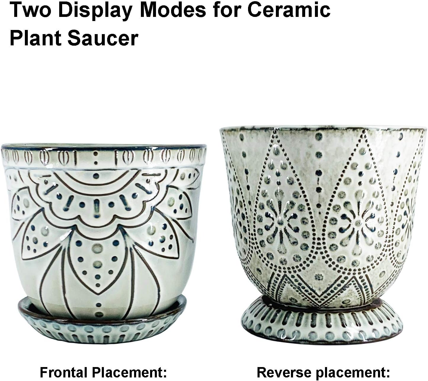 Gepege 6 Inch Beaded Ceramic Planter Set of 2 with Drainage Hole and Saucer for Plants, Indoor-Outdoor Large Round Succulent Orchid Flower Pot (Smoked Gray, Inner-pots not Larger Than 5 Inch) 6inch+6inch-set of 2 Cream White