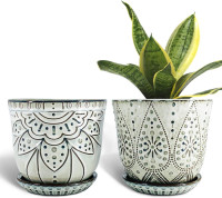 Gepege 6 Inch Beaded Ceramic Planter Set of 2 with Drainage Hole and Saucer for Plants, Indoor-Outdoor Large Round Succulent Orchid Flower Pot (Smoked Gray, Inner-pots not Larger Than 5 Inch) 6inch+6inch-set of 2 Cream White