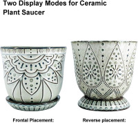 Gepege 6 Inch Beaded Ceramic Planter Set of 2 with Drainage Hole and Saucer for Plants, Indoor-Outdoor Large Round Succulent Orchid Flower Pot (Smoked Gray, Inner-pots not Larger Than 5 Inch) 6inch+6inch-set of 2 Cream White