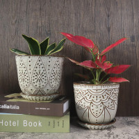 Gepege 6 Inch Beaded Ceramic Planter Set of 2 with Drainage Hole and Saucer for Plants, Indoor-Outdoor Large Round Succulent Orchid Flower Pot (Smoked Gray, Inner-pots not Larger Than 5 Inch) 6inch+6inch-set of 2 Cream White