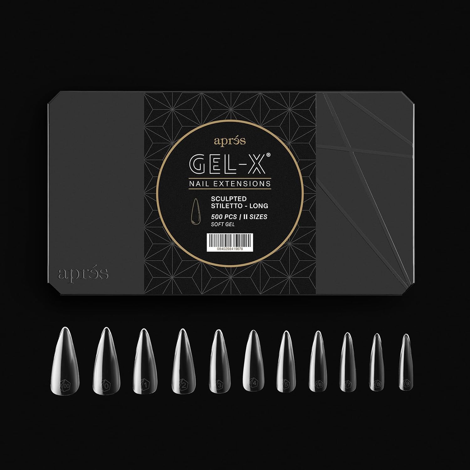 Aprés Gel-X® Sculpted Stiletto Long Tip Box | 500pc Gel-X Tips, 11 Sizes 00-9, Premium Quality