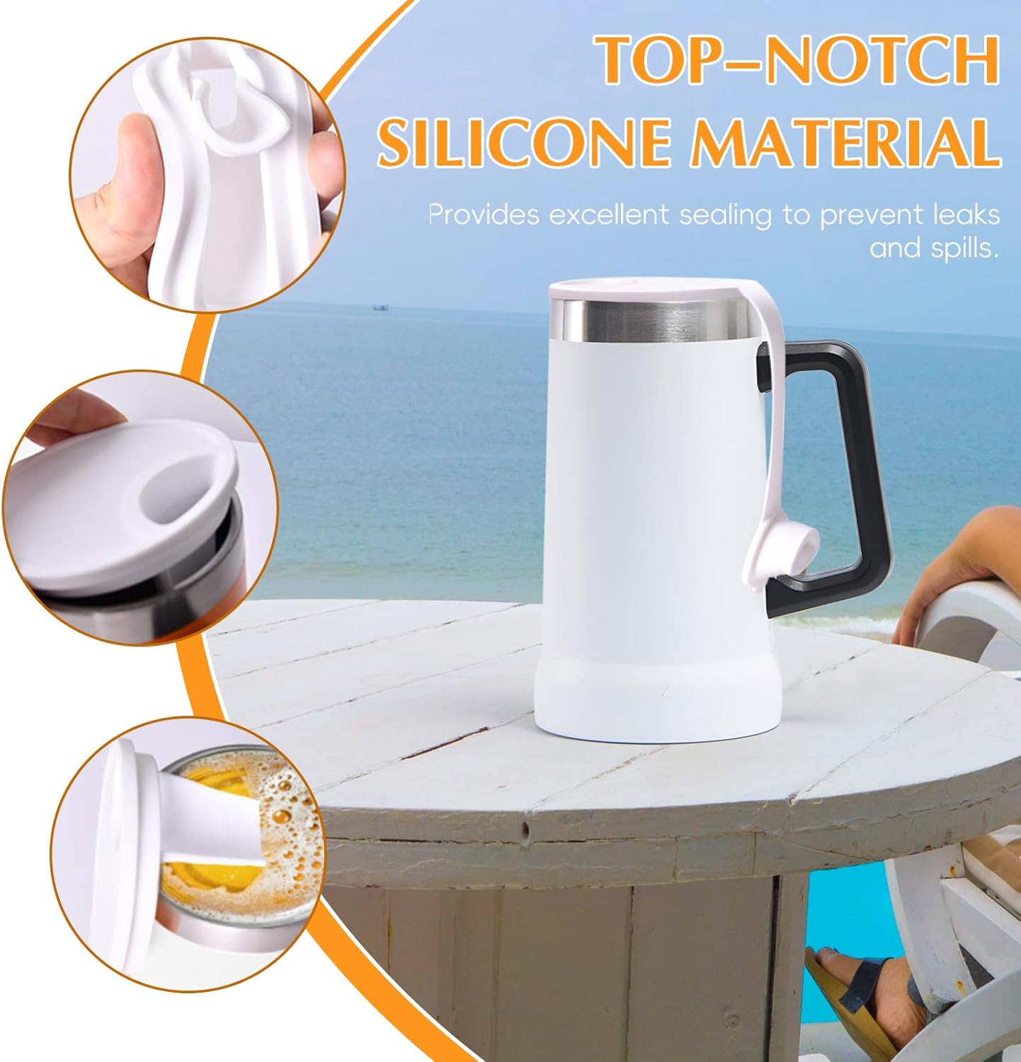 24oz Tumbler Lid Replacement Fit for Stanley Beer Cup - Foam Proof, Leakproof, Spill Proof, Reusable Silicone Tumbler Covers Compatible with Stanley Beer Mug (White)