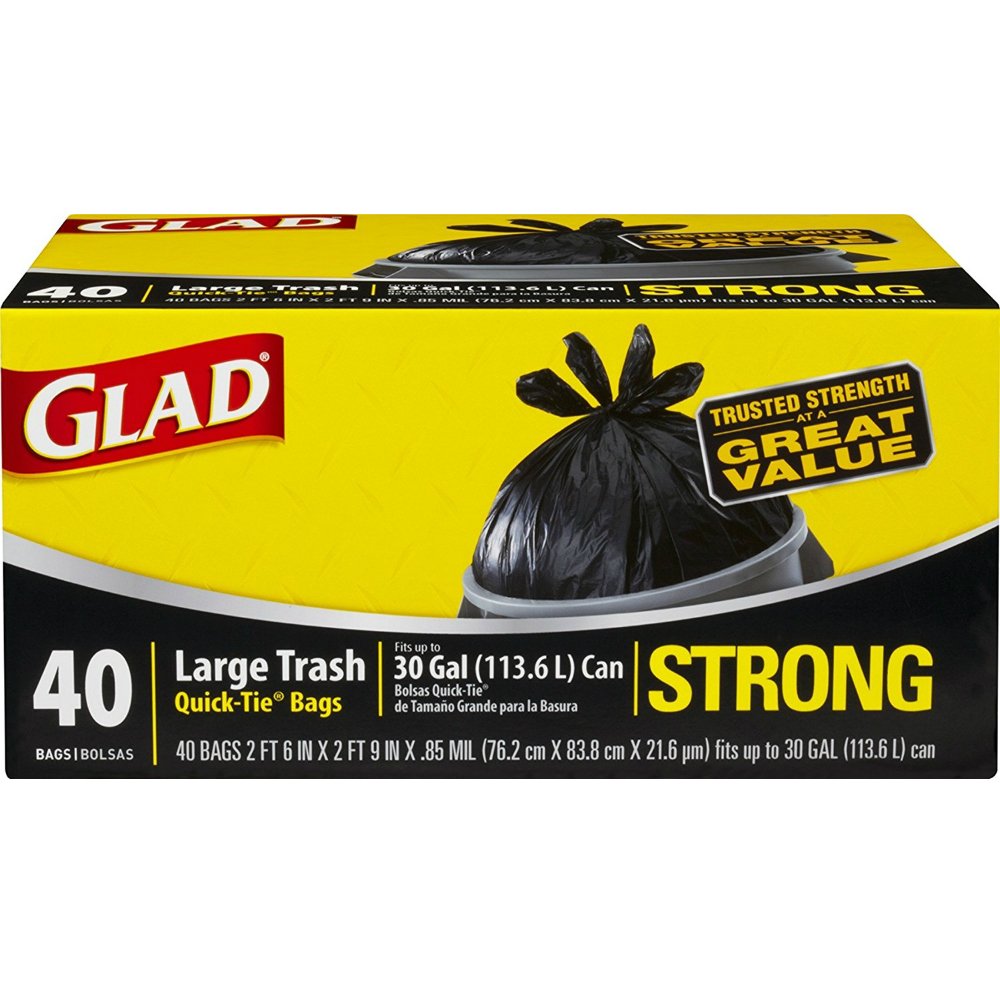 Glad Trash Bags, Large Quick-Tie Garbage Bags - Extra Strong 30 Gallon Black Trash Bag - 40 Count 40 Count (Pack of 1)