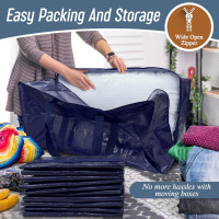 6 Pack Extra Heavy Duty Large Moving Bags with Strong Zipper & Comfortable Handles, Sturdy & Durable Clothes Storage Bags Totes Bins, Blue Packing Moving Boxes for College Supplies, Dark Blue Dark Blue 6 Pack