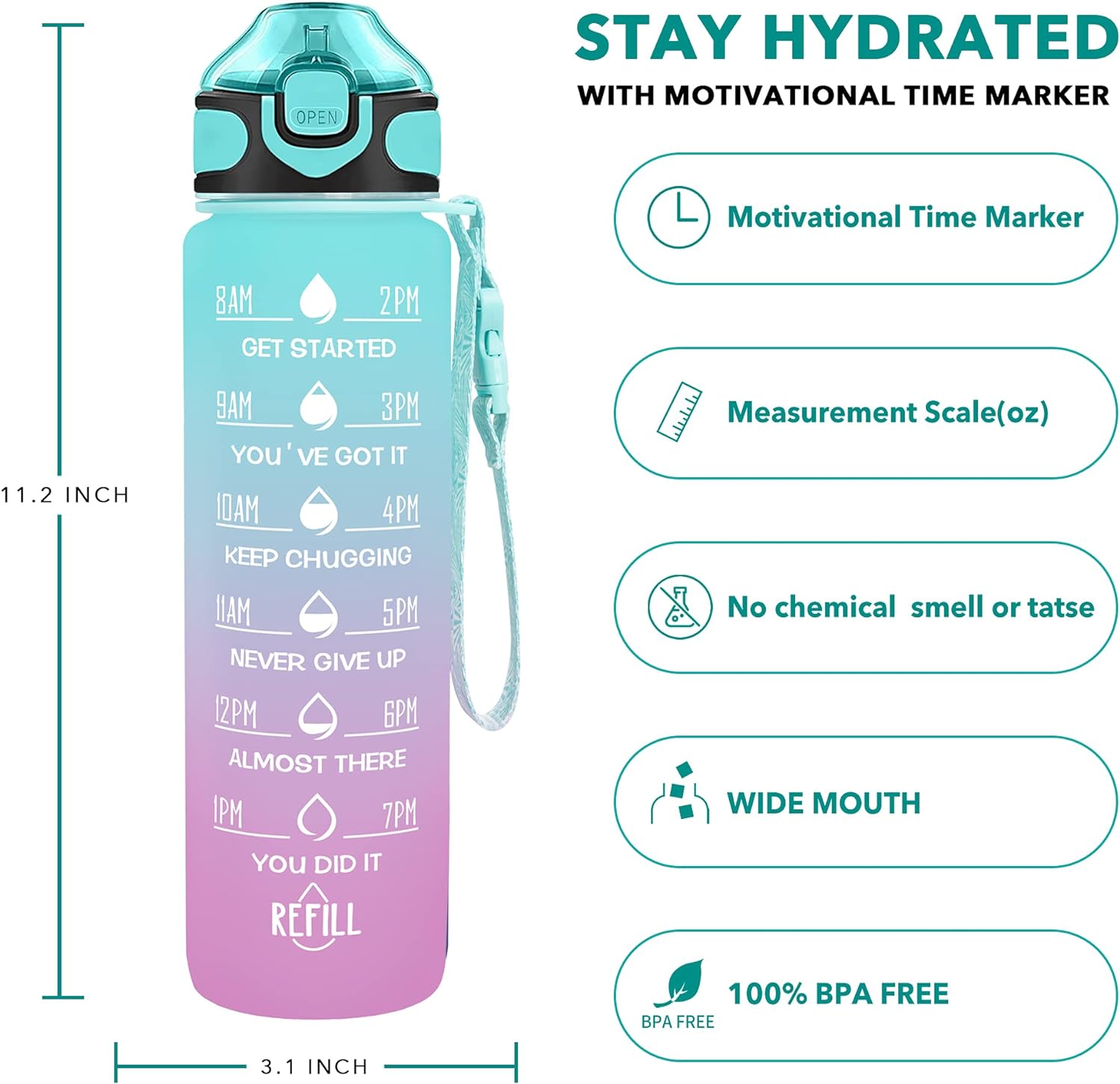 Enerbone 32 oz Drinking Water Bottle with Times to Drink and Straw, Motivational with Carrying Strap, Leakproof BPA & Toxic Free, Ensure You Drink Enough Water for Fitness Gym Outdoor Green-Purple