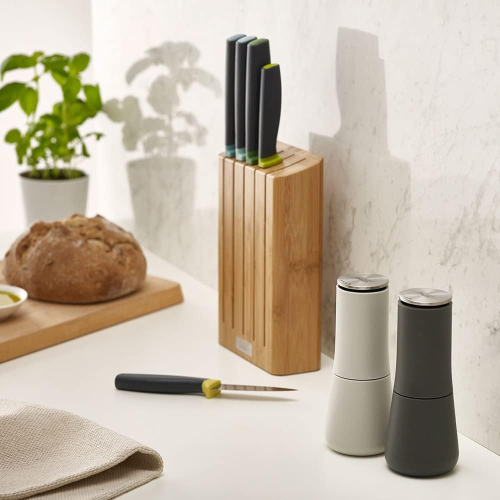 Joseph Joseph Milltop Non-Spill Salt and Pepper Mill 2-piece Set, Refillable with Ceramic Grinder, Adjustable Grinding Size, White/Dark Grey Pair Gray