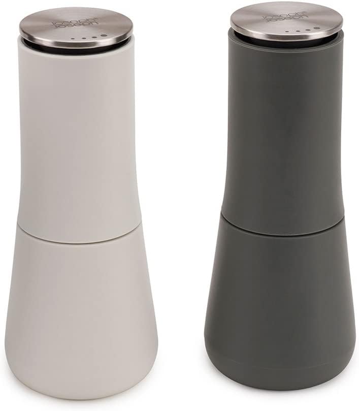 Joseph Joseph Milltop Non-Spill Salt and Pepper Mill 2-piece Set, Refillable with Ceramic Grinder, Adjustable Grinding Size, White/Dark Grey Pair Gray