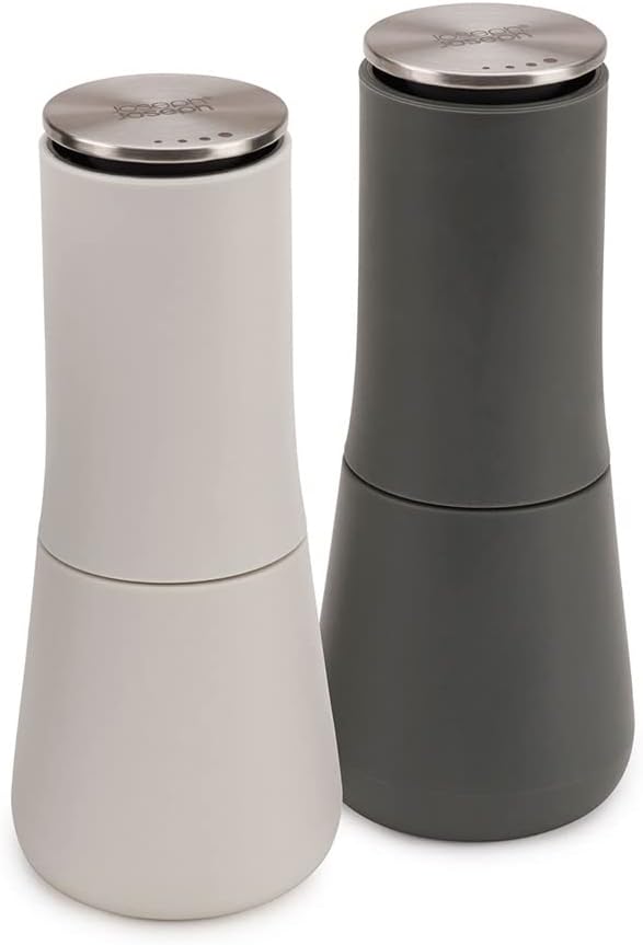 Joseph Joseph Milltop Non-Spill Salt and Pepper Mill 2-piece Set, Refillable with Ceramic Grinder, Adjustable Grinding Size, White/Dark Grey Pair Gray