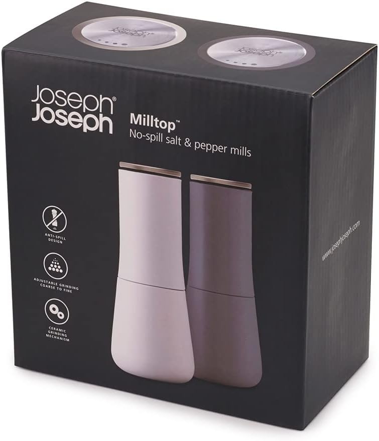 Joseph Joseph Milltop Non-Spill Salt and Pepper Mill 2-piece Set, Refillable with Ceramic Grinder, Adjustable Grinding Size, White/Dark Grey Pair Gray