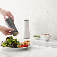 Joseph Joseph Milltop Non-Spill Salt and Pepper Mill 2-piece Set, Refillable with Ceramic Grinder, Adjustable Grinding Size, White/Dark Grey Pair Gray