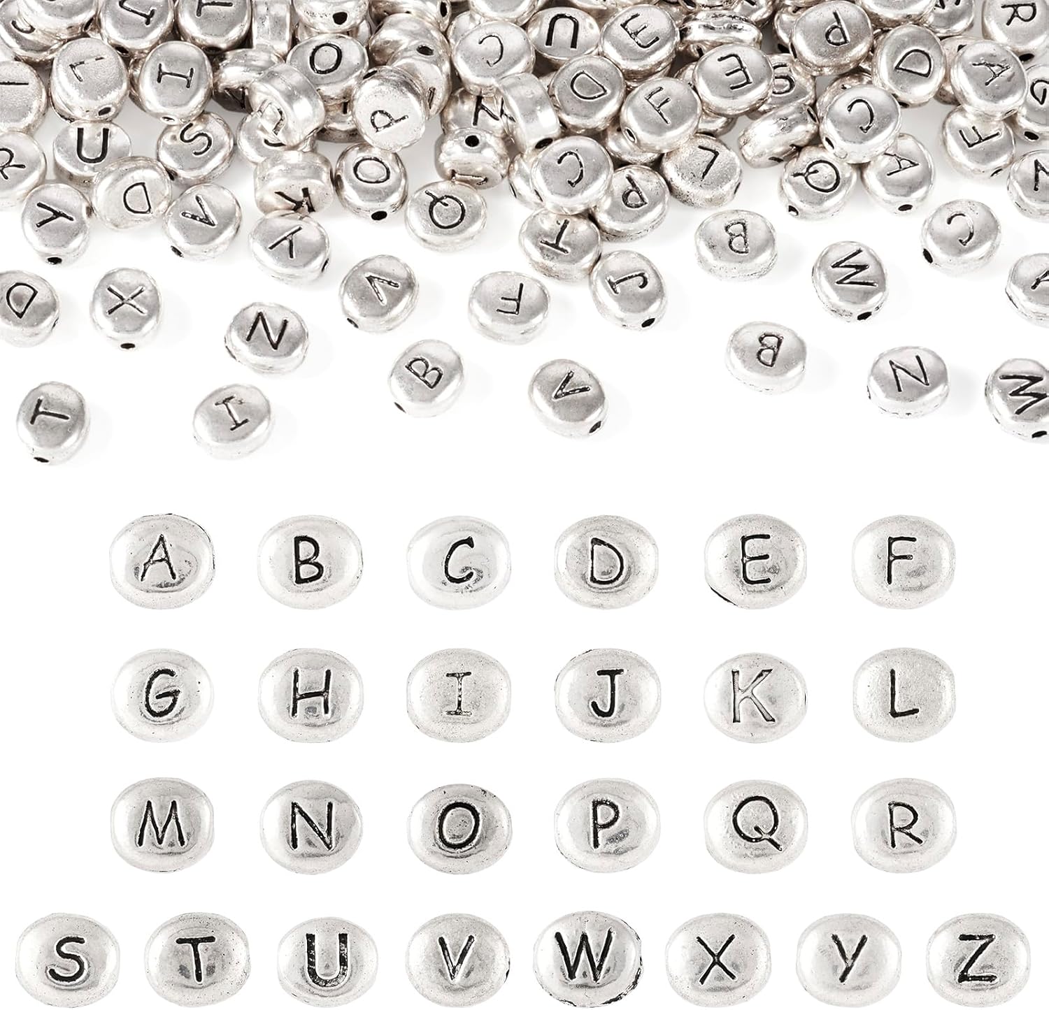 Craftdady 130Pcs 6x6.5mm Alloy Oval Letter Beads Antique Silver Letter A - Z Alphabet Beads Small Metal Pony Beads Bulk for Crafts DIY Friendship Bracelets Jewelry Making Supplies