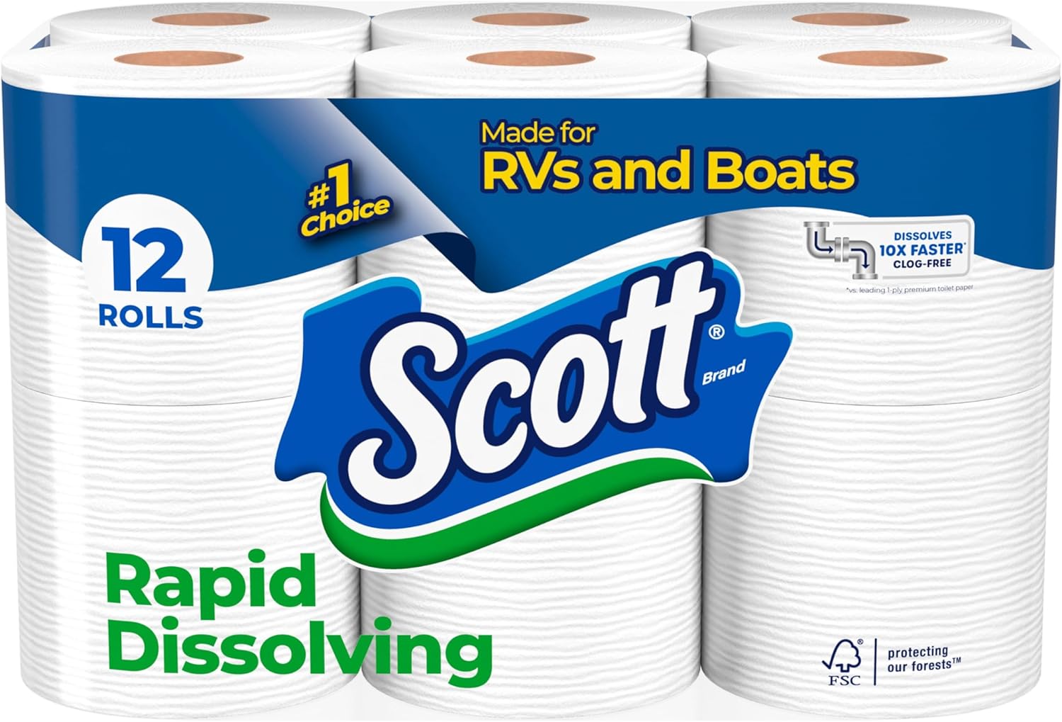 Scott Rapid-Dissolving Toilet Paper, 12 Double Rolls, Sustainable, Septic-Safe, Toilet Paper Double 231 sheet (Pack of 12)