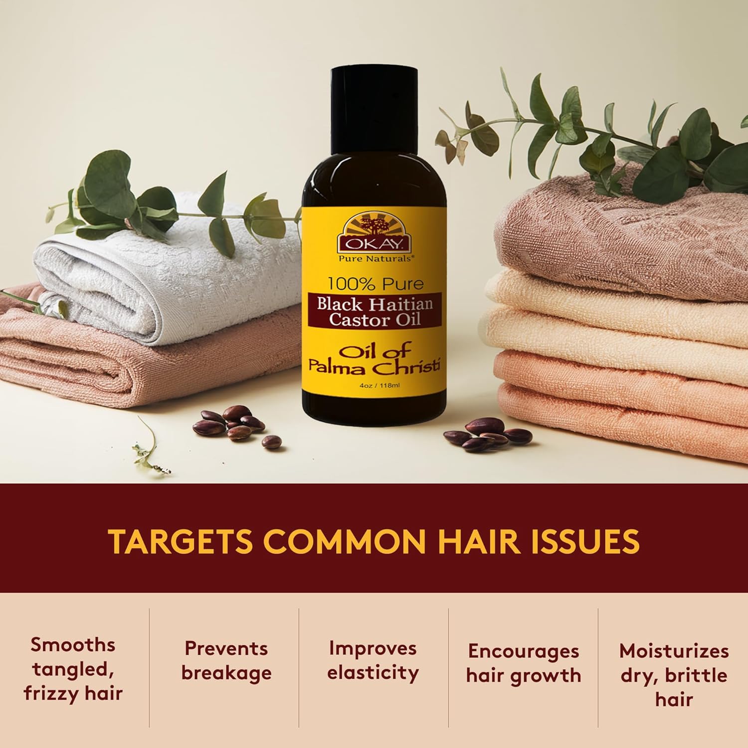 OKAY Pure Naturals Black Haitian Castor Oil - Castor Oil for Hair Health for Men & Women, Moisture for Skin, Body, Scalp, Eyelashes, Eyebrows - 4 oz Glass Bottle (Pack of 1) Haitian Castor Oil 4 Ounce (Pack of 1)