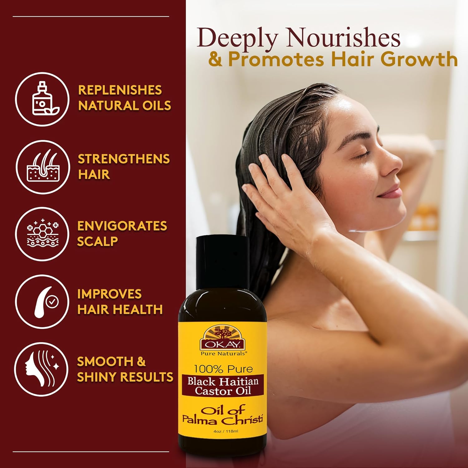 OKAY Pure Naturals Black Haitian Castor Oil - Castor Oil for Hair Health for Men & Women, Moisture for Skin, Body, Scalp, Eyelashes, Eyebrows - 4 oz Glass Bottle (Pack of 1) Haitian Castor Oil 4 Ounce (Pack of 1)