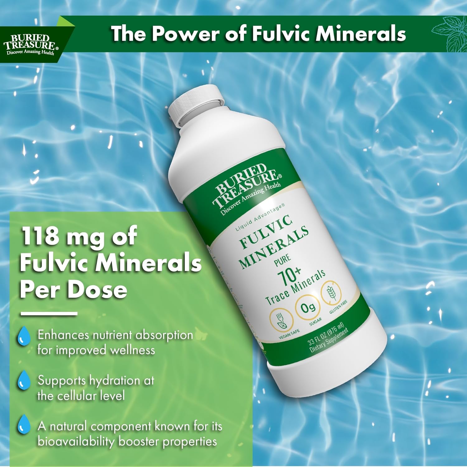 Buried Treasure Liquid Advantage FULVIC MINERALS Pure 70+ Trace Minerals 33 oz Dietary Supplement