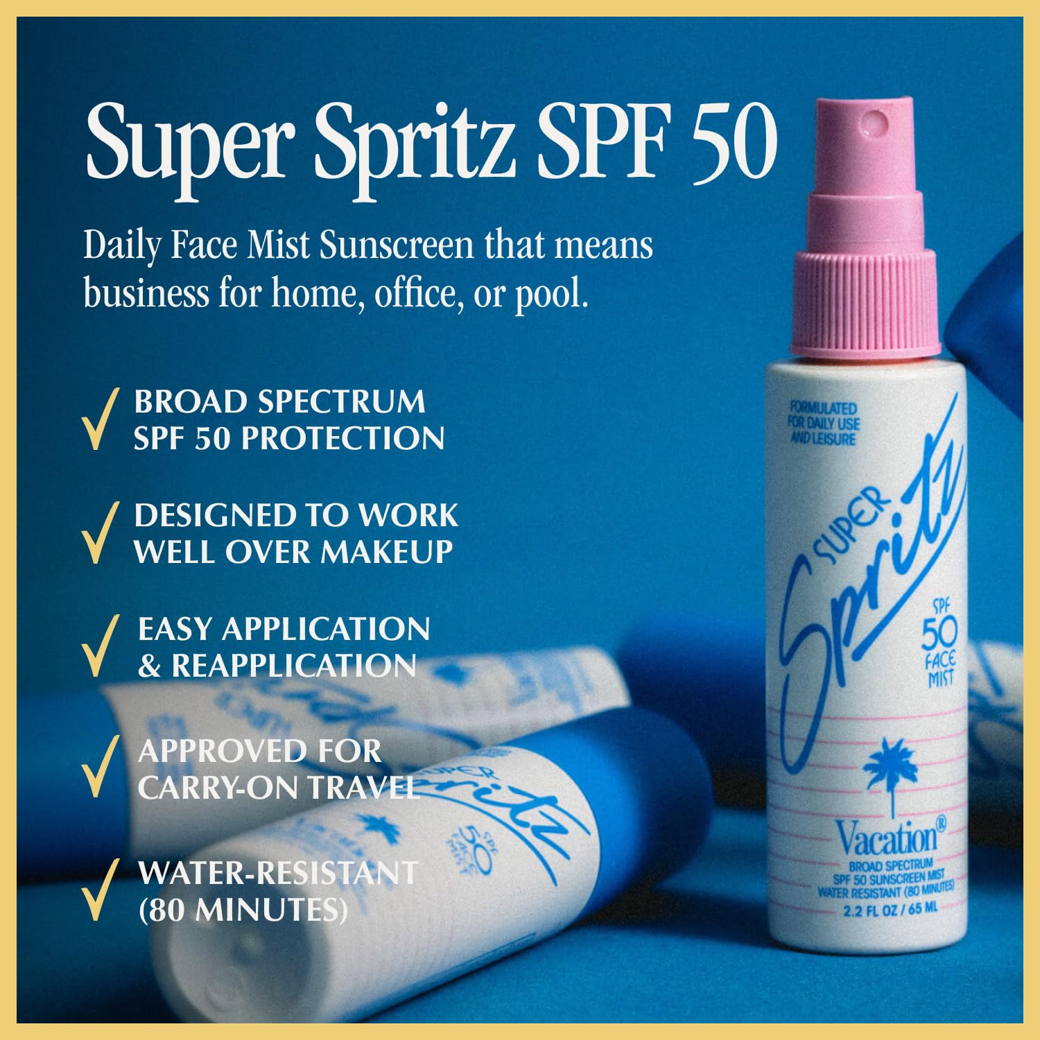 Vacation Super Spritz SPF 50 Face Mist, Daily Face Sunscreen Spray, Clean & Lightweight, Water-Resistant, Non-Comedogenic, Vegan, Travel Size, 2.2 Fl. Oz. (Value Pack of 3) 2.2 Fl Oz (Pack of 3)