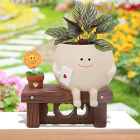 Sunflower Smily Face Planter Pot, Cute Sitting Flower Pot, Resin Flower Head Planters for Indoor Outdoor Unique Sit Chair Succulent Pots Gift IdeaI for Mother Teacher Appreciation Christmas
