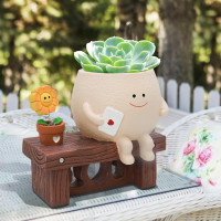 Sunflower Smily Face Planter Pot, Cute Sitting Flower Pot, Resin Flower Head Planters for Indoor Outdoor Unique Sit Chair Succulent Pots Gift IdeaI for Mother Teacher Appreciation Christmas