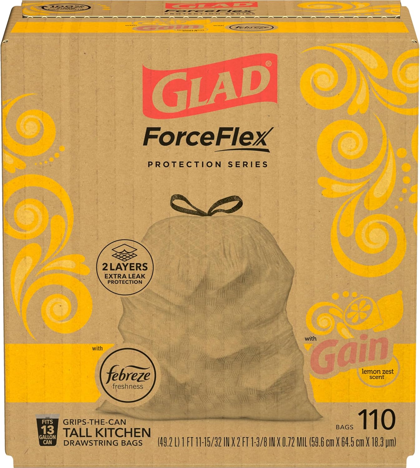 Glad ForceFlex Tall Kitchen Trash Bags, 13 Gallon, Gain Lemon Zest, 110 Count (Package May Vary) 1 Count (Pack of 110)