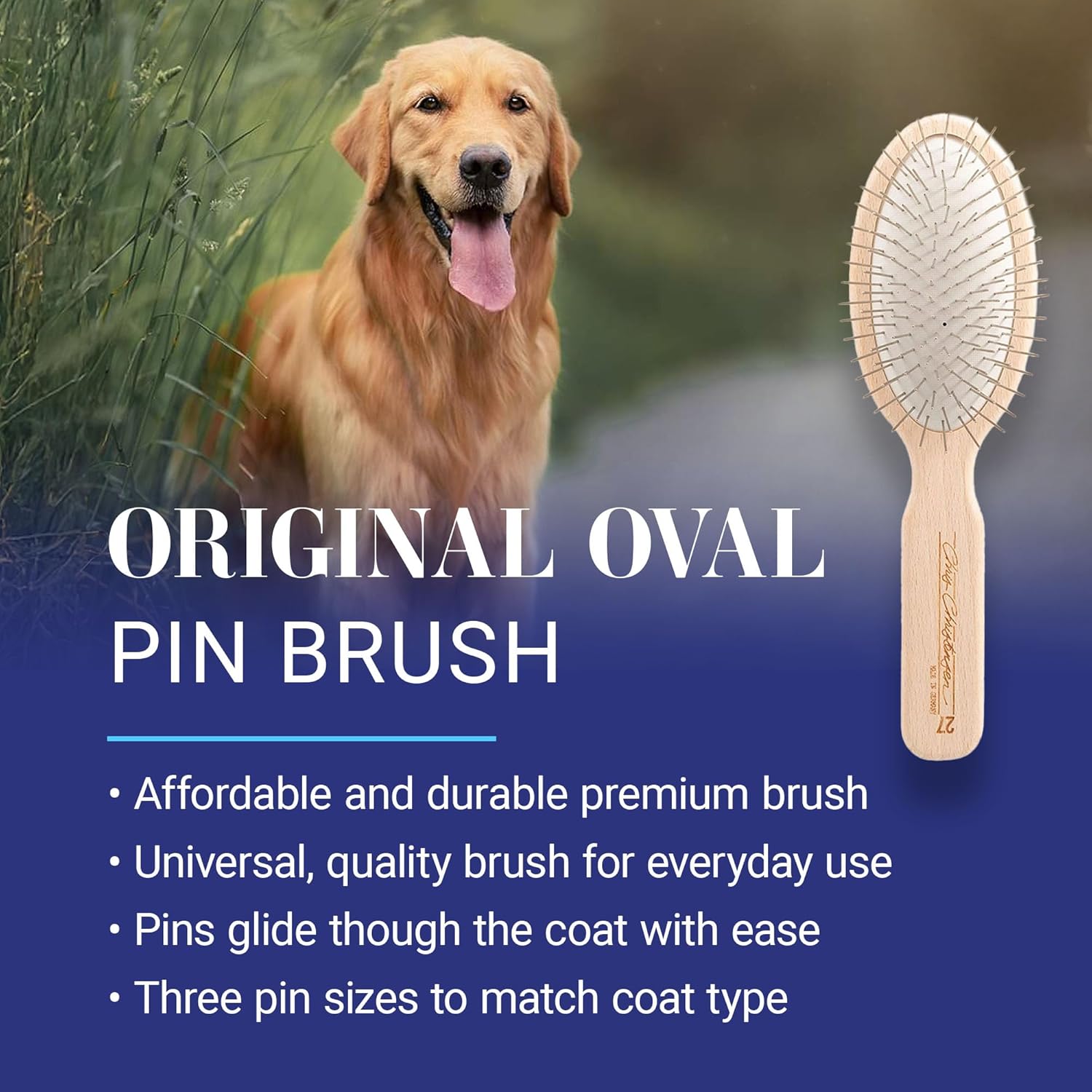Chris Christensen Dog Brush, 27 mm Oval Pin Brush, Original Series, Groom Like a Professional, Stainless Steel Pins, Lightweight Beech Wood Body, Ground and Polished Tips Brown 27mm-Regular