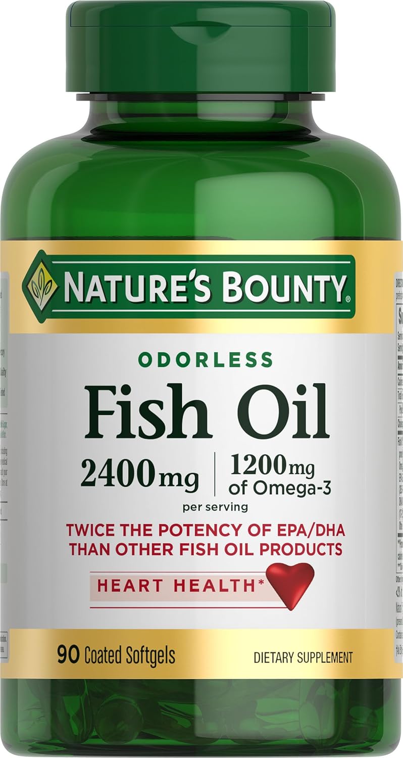 Nature's Bounty Odorless Fish Oil, 1200mg Omega-3 per Serving Including EPA & DHA, Supports Heart Health, Purified to Elimiate Mercury, Coated Softgels, Gluten Free, No Shellfish, 90 Ct 90 Count (Pack of 1)