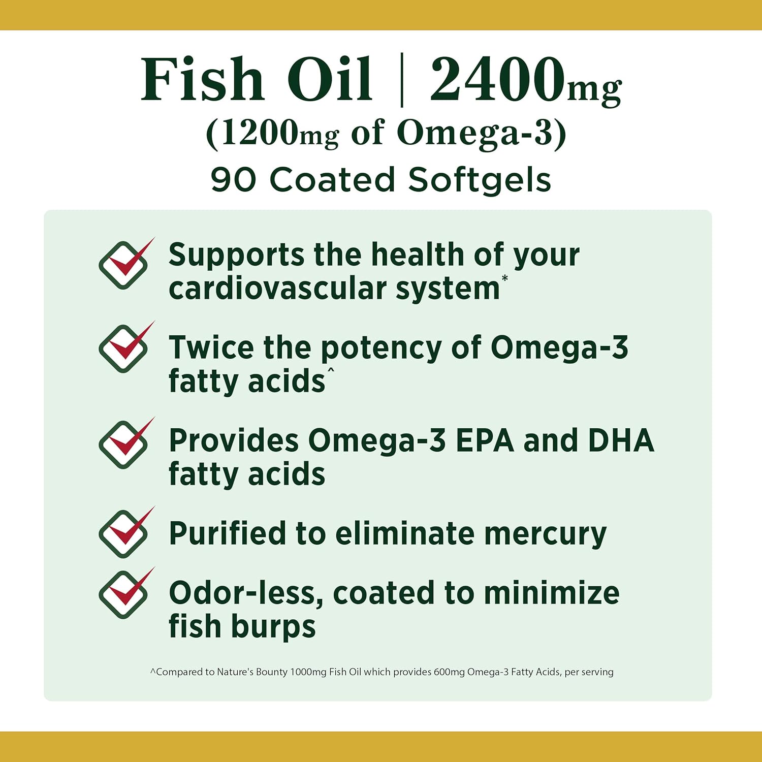 Nature's Bounty Odorless Fish Oil, 1200mg Omega-3 per Serving Including EPA & DHA, Supports Heart Health, Purified to Elimiate Mercury, Coated Softgels, Gluten Free, No Shellfish, 90 Ct 90 Count (Pack of 1)