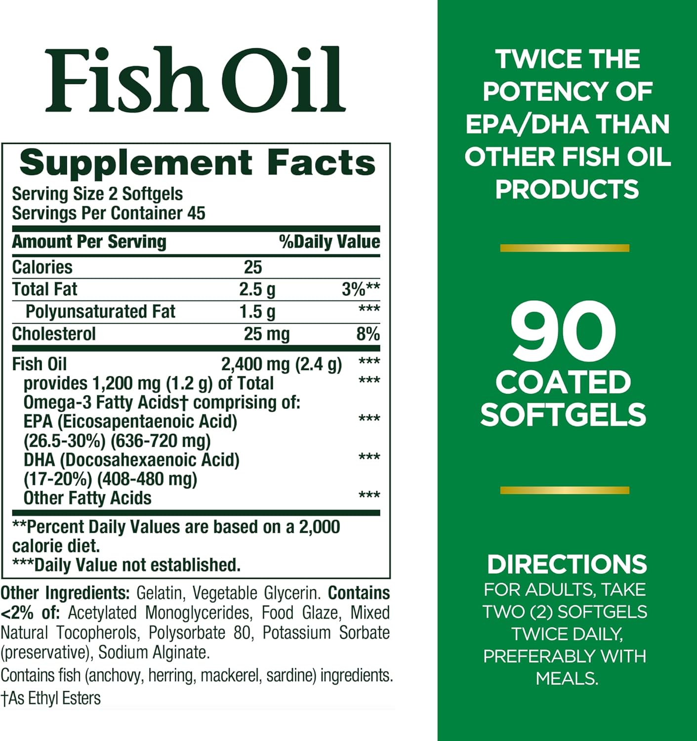 Nature's Bounty Odorless Fish Oil, 1200mg Omega-3 per Serving Including EPA & DHA, Supports Heart Health, Purified to Elimiate Mercury, Coated Softgels, Gluten Free, No Shellfish, 90 Ct 90 Count (Pack of 1)