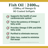 Nature's Bounty Odorless Fish Oil, 1200mg Omega-3 per Serving Including EPA & DHA, Supports Heart Health, Purified to Elimiate Mercury, Coated Softgels, Gluten Free, No Shellfish, 90 Ct 90 Count (Pack of 1)