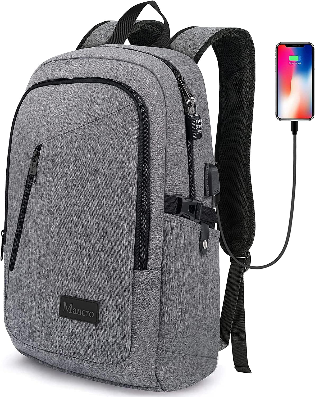 Mancro Laptop Backpack for Travel, Anti-theft Laptop Backpack for Men Business Backpack Work Daypack with USB Charging Port & Lock, Water Resistant Travel Computer Bag Daypack, Grey 15.6 inch Grey