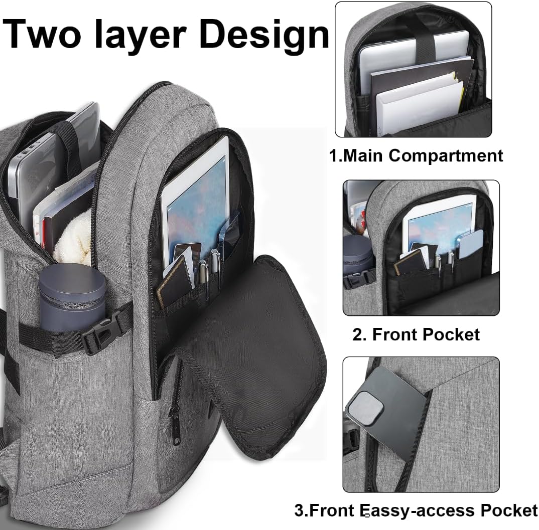Mancro Laptop Backpack for Travel, Anti-theft Laptop Backpack for Men Business Backpack Work Daypack with USB Charging Port & Lock, Water Resistant Travel Computer Bag Daypack, Grey 15.6 inch Grey