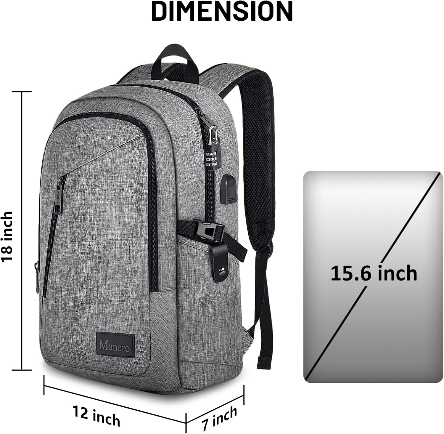 Mancro Laptop Backpack for Travel, Anti-theft Laptop Backpack for Men Business Backpack Work Daypack with USB Charging Port & Lock, Water Resistant Travel Computer Bag Daypack, Grey 15.6 inch Grey