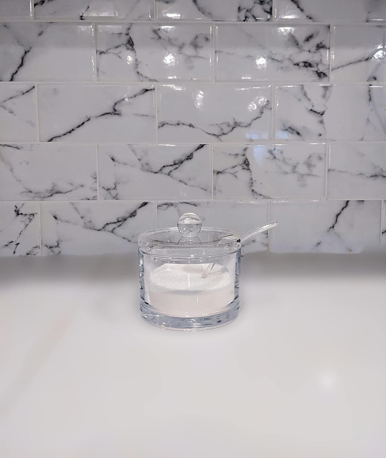 J&M DESIGN Clear Acrylic Sugar Bowl With Lid And Spoon For Coffee Bar Accessories, Cereal Bowls, Tea, Kitchen Countertop Canisters & Baking - 8 oz Container Jar Dispenser Holder - Dishwasher Safe