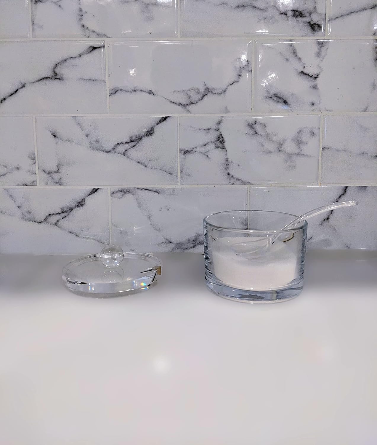 J&M DESIGN Clear Acrylic Sugar Bowl With Lid And Spoon For Coffee Bar Accessories, Cereal Bowls, Tea, Kitchen Countertop Canisters & Baking - 8 oz Container Jar Dispenser Holder - Dishwasher Safe