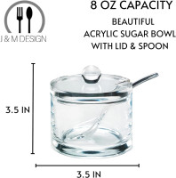 J&M DESIGN Clear Acrylic Sugar Bowl With Lid And Spoon For Coffee Bar Accessories, Cereal Bowls, Tea, Kitchen Countertop Canisters & Baking - 8 oz Container Jar Dispenser Holder - Dishwasher Safe
