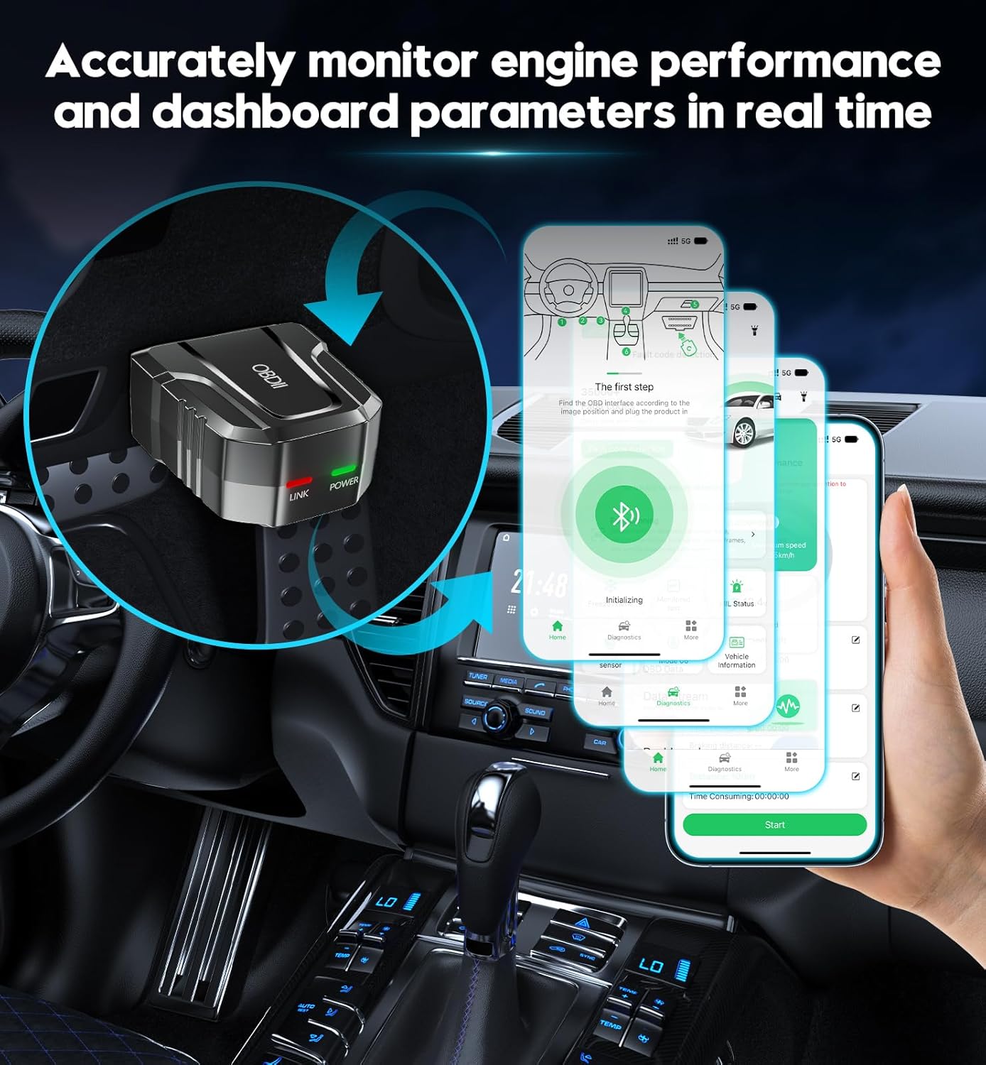 OBD2 Scanner Reader Bluetooth Wireless Auto Diagnostic Scan Tool for iOS & Android for Performance Test Bluetooth 5.4 Car Check Engine Car Code Reader, Clear Error Code Live Data Reset Exclusive APP black