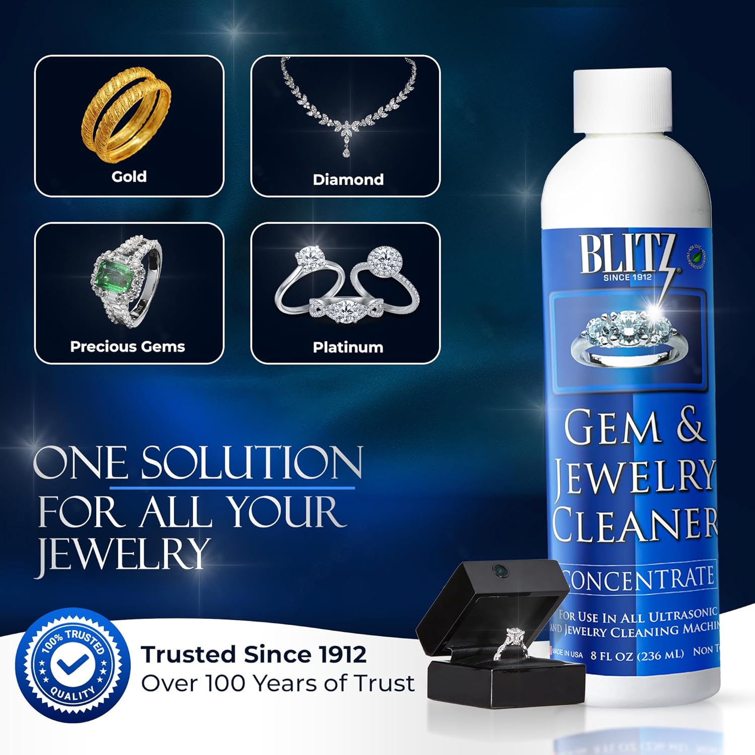 Blitz Gem & Jewelry Cleaner Liquid Concentrate for Gold, Silver, Platinum Jewelry Cleans Non-Porous, Precious & Semi-Precious Stones Non-Toxic, Non-Abrasive, Planet Friendly Made in USA 8oz (2 Pack) Concentrate 8 Ounces (Pack of 2)