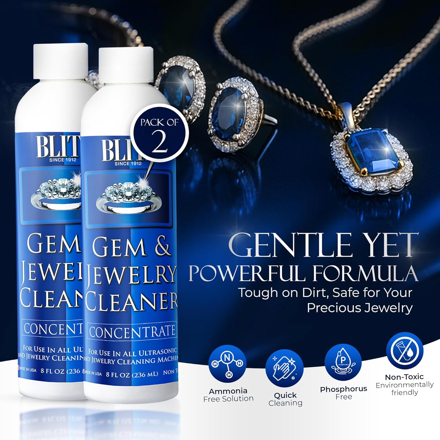 Blitz Gem & Jewelry Cleaner Liquid Concentrate for Gold, Silver, Platinum Jewelry Cleans Non-Porous, Precious & Semi-Precious Stones Non-Toxic, Non-Abrasive, Planet Friendly Made in USA 8oz (2 Pack) Concentrate 8 Ounces (Pack of 2)