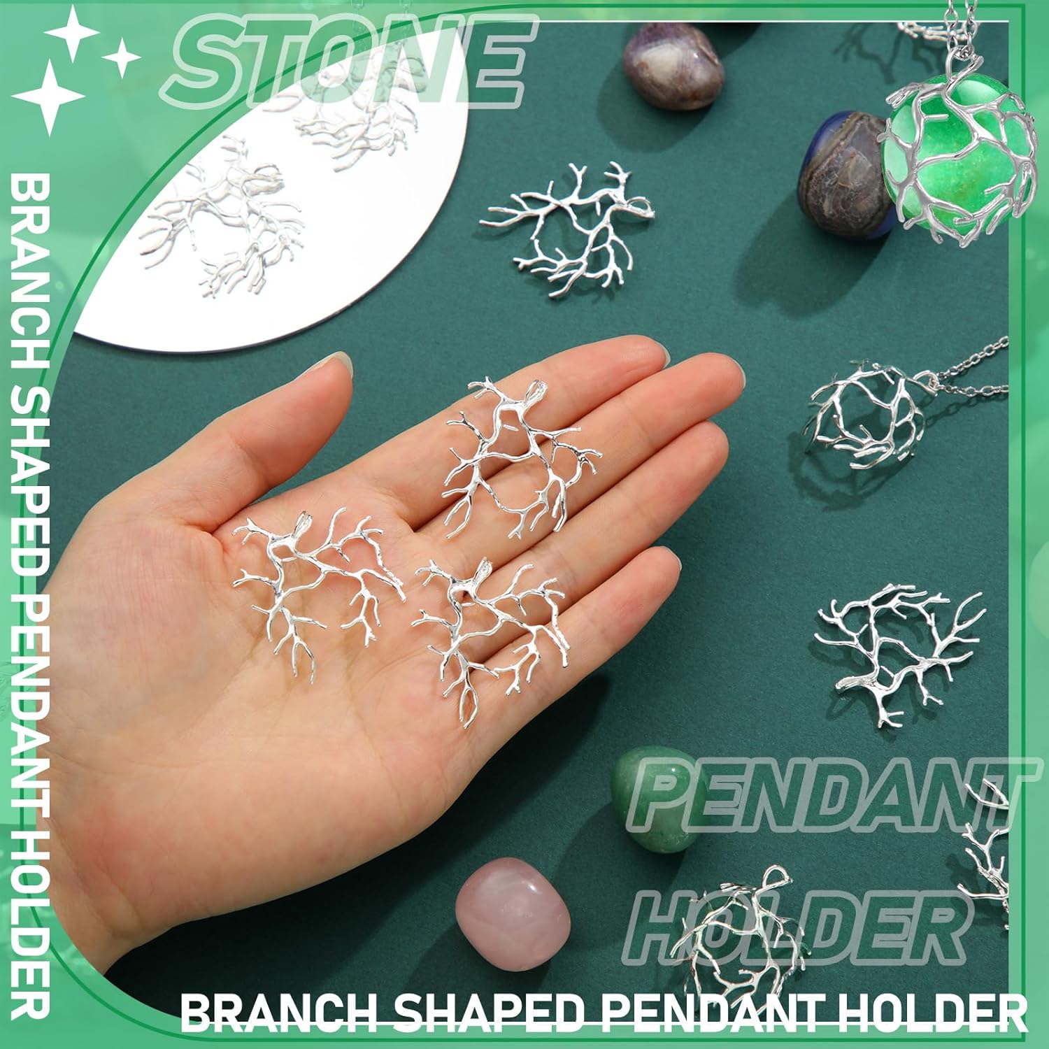 Hicarer 20 Pcs Pendant Trays for Jewelry Making Branch Shape Metal Claw Cage Pendant Holder Crystal Cage Necklace Open Bezels for DIY Necklace Jewelry Making Supplies Silver