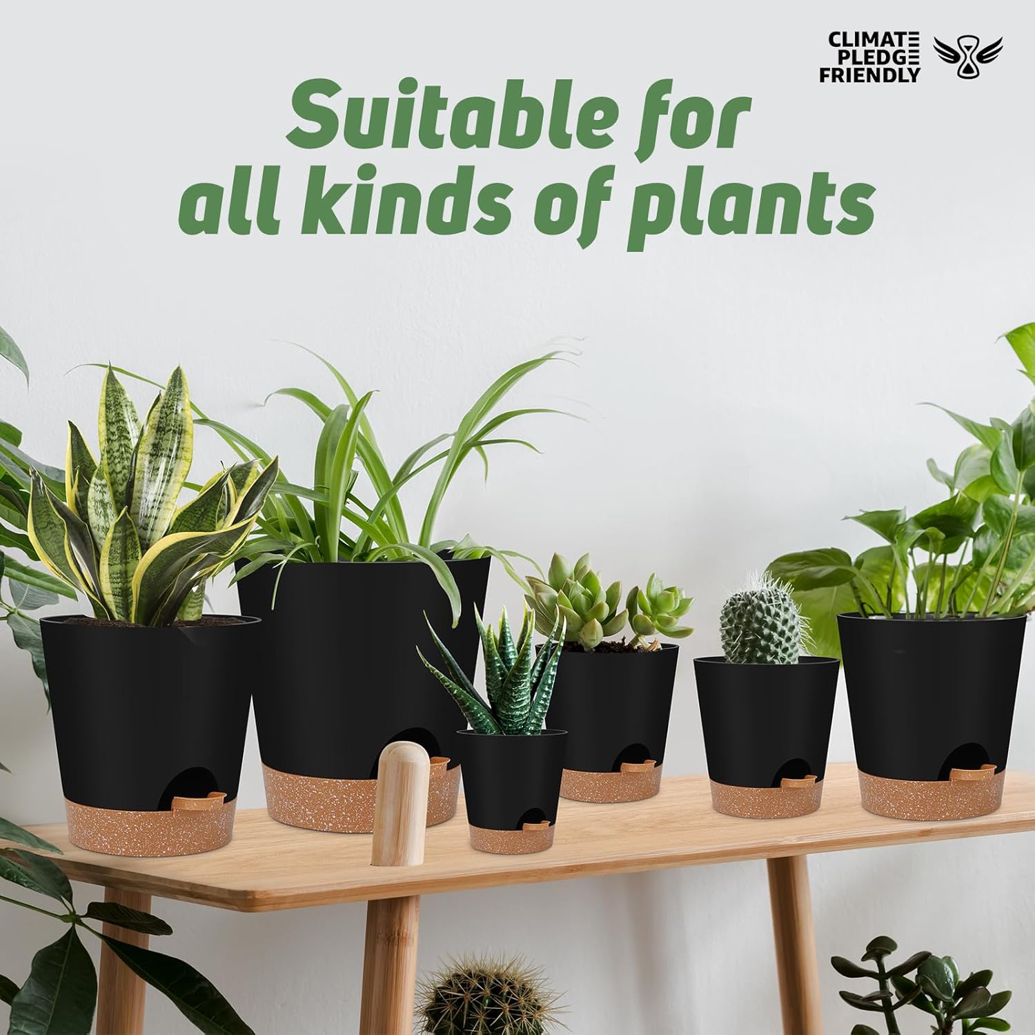 Indoor Self Watering Planters with Drainage Holes and Saucers, 8, 7, 6.5, 6, 5.5, 5 Inches, Black, 6 Pots 8+7+6.5+6+5.5+5 inch Black