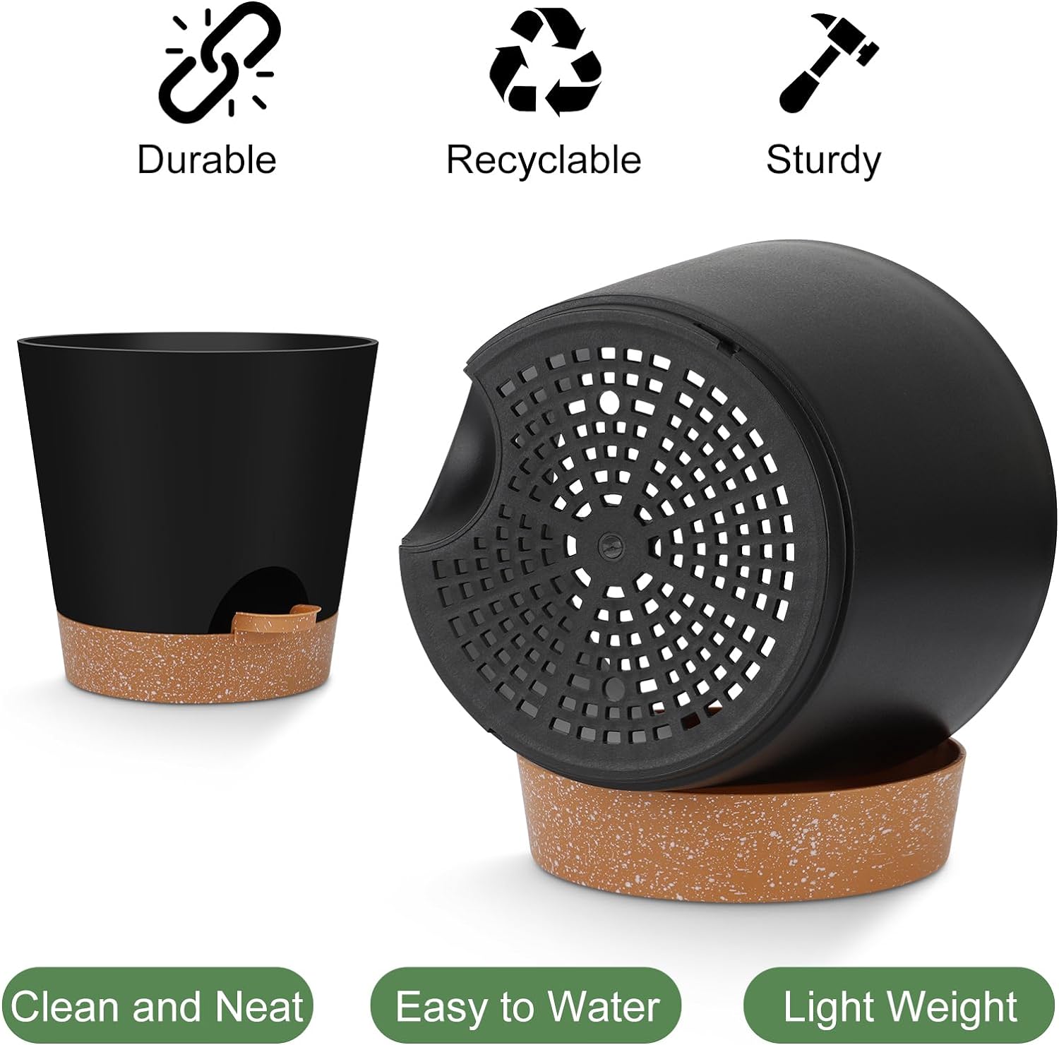 Indoor Self Watering Planters with Drainage Holes and Saucers, 8, 7, 6.5, 6, 5.5, 5 Inches, Black, 6 Pots 8+7+6.5+6+5.5+5 inch Black