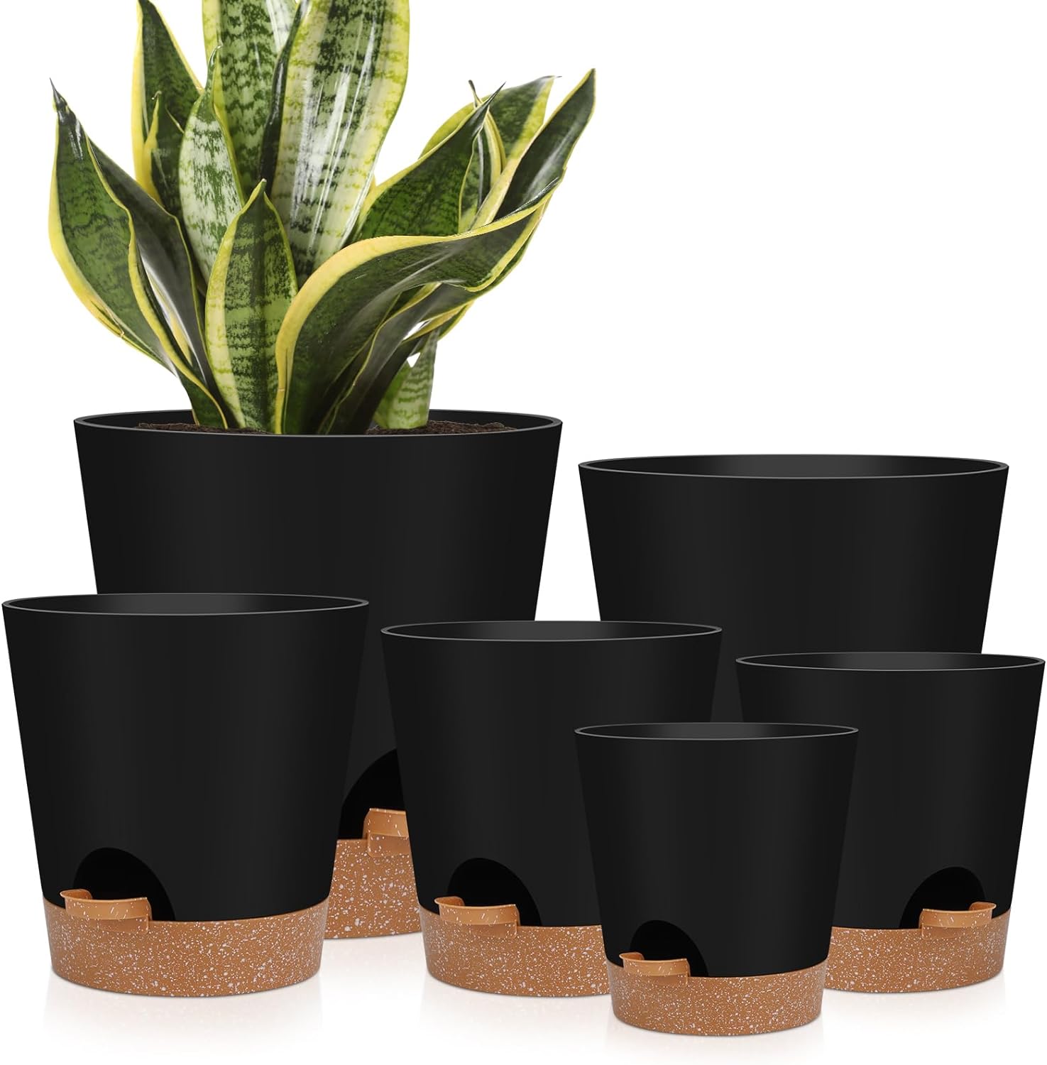 Indoor Self Watering Planters with Drainage Holes and Saucers, 8, 7, 6.5, 6, 5.5, 5 Inches, Black, 6 Pots 8+7+6.5+6+5.5+5 inch Black