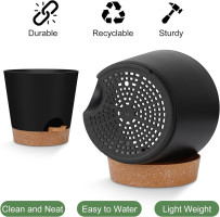 Indoor Self Watering Planters with Drainage Holes and Saucers, 8, 7, 6.5, 6, 5.5, 5 Inches, Black, 6 Pots 8+7+6.5+6+5.5+5 inch Black