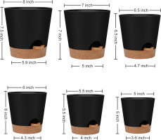 Indoor Self Watering Planters with Drainage Holes and Saucers, 8, 7, 6.5, 6, 5.5, 5 Inches, Black, 6 Pots 8+7+6.5+6+5.5+5 inch Black