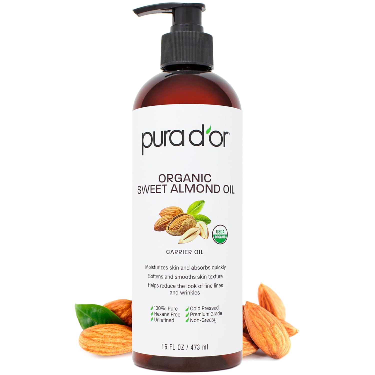 PURA D'OR 16 Oz ORGANIC Sweet Almond Oil - 100% Pure & Natural USDA Certified Cold Pressed Carrier Oil For DIY Beauty - Non-Greasy, Unscented, Hexane Free Moisturizer - Massage Oil For Hair & Skin 16 Fl Oz (Pack of 1)