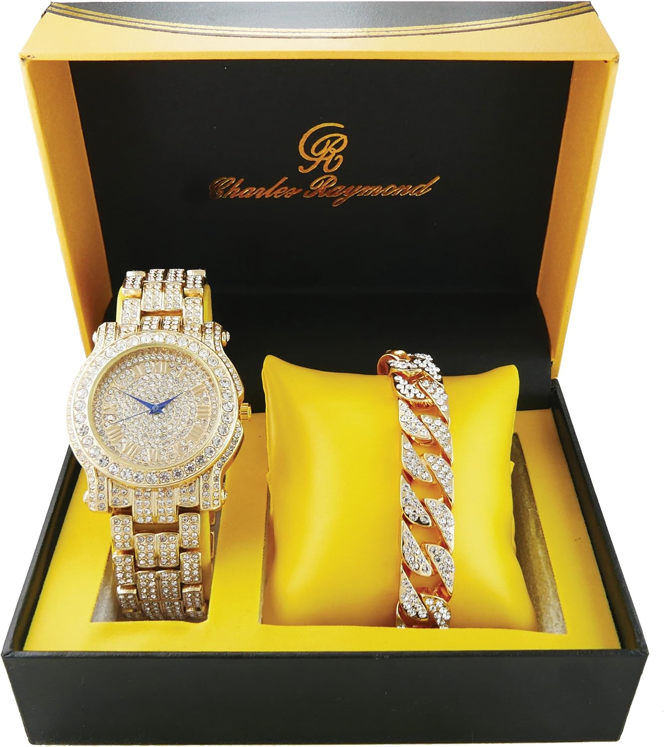 Charles Raymond Bling-ed Out Silver Round Luxury Mens Watch w/Bling-ed Out Bracelet - L0504B gold