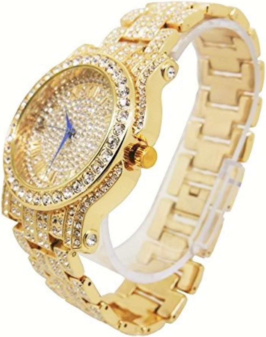 Charles Raymond Bling-ed Out Silver Round Luxury Mens Watch w/Bling-ed Out Bracelet - L0504B gold