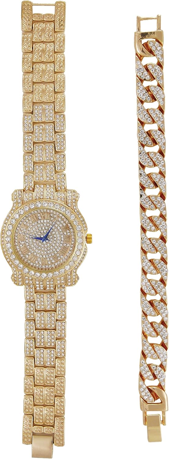 Charles Raymond Bling-ed Out Silver Round Luxury Mens Watch w/Bling-ed Out Bracelet - L0504B gold