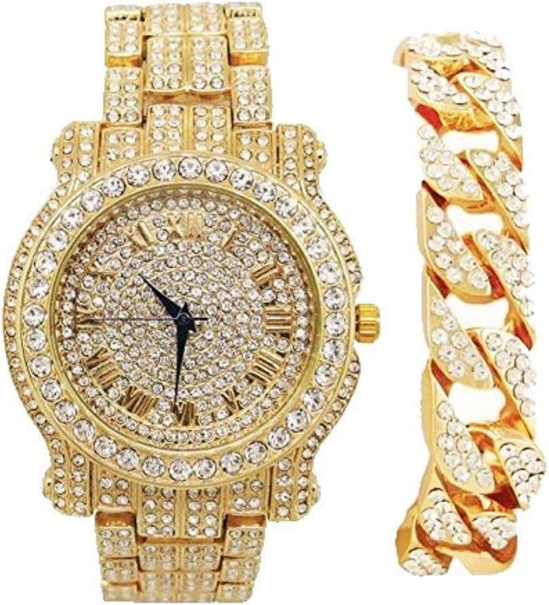 Charles Raymond Bling-ed Out Silver Round Luxury Mens Watch w/Bling-ed Out Bracelet - L0504B gold