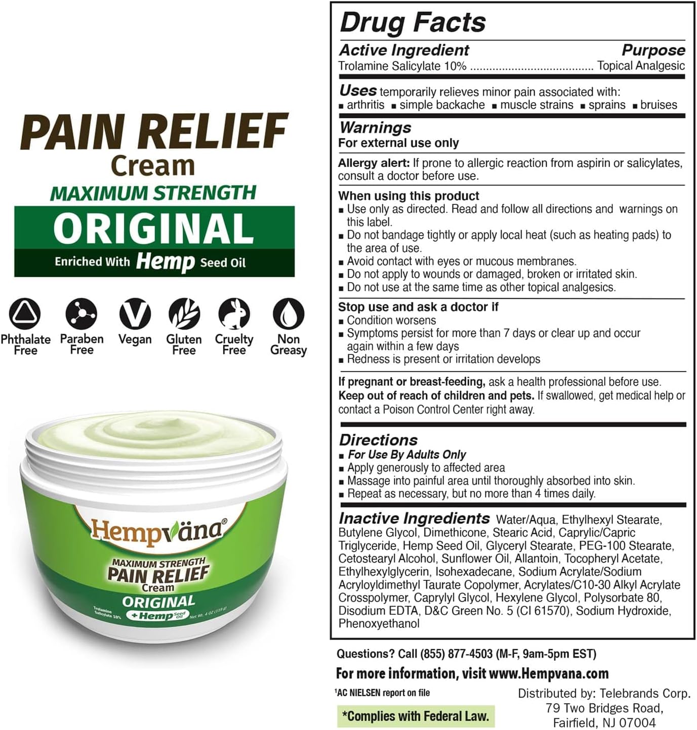 Hempvana Relief Cream 2 Pack with Seed Extract - Relieves Inflammation, Muscle, Joint, Back, Knee, Nerves and Arthritis – Made in USA 4oz Paraben Free, Vegan, Cruelty-Free As Seen On TV